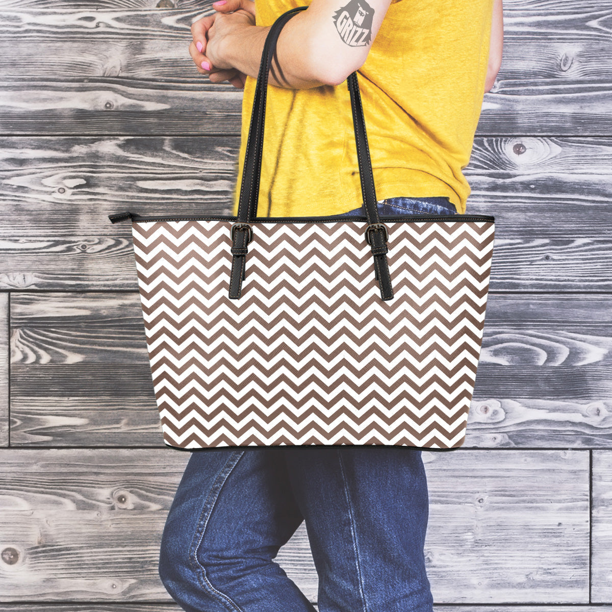 Brown Zigzag Print Pattern Leather Tote Bag-grizzshop