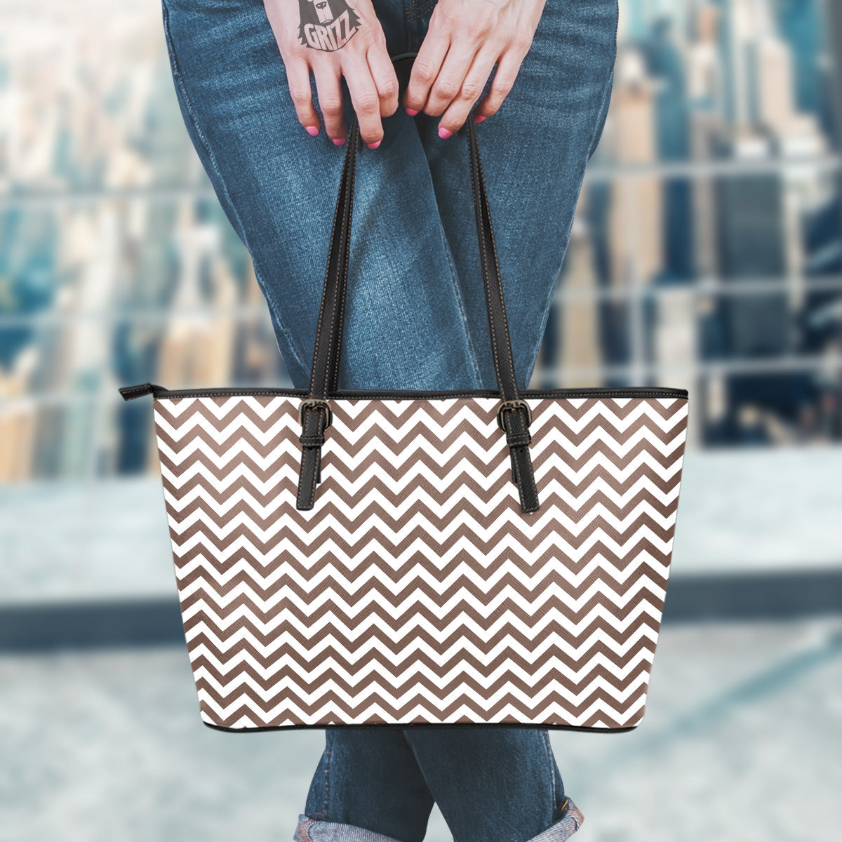 Brown Zigzag Print Pattern Leather Tote Bag-grizzshop