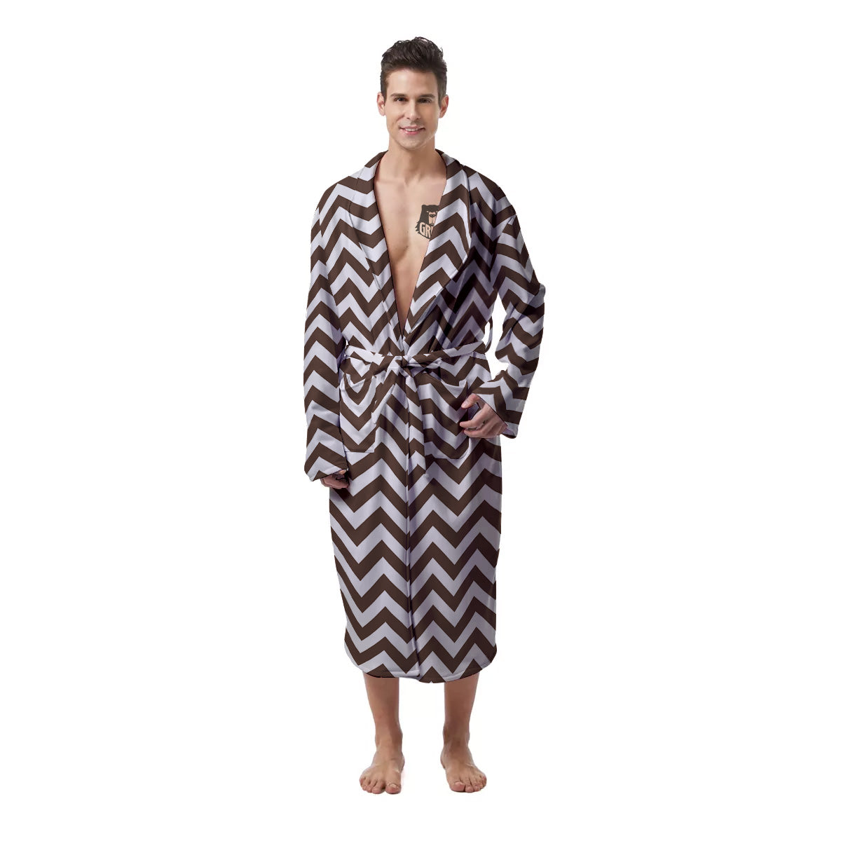 Brown Zigzag Print Pattern Men's Robe-grizzshop