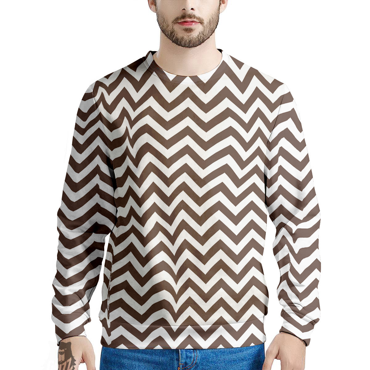Brown Zigzag Print Pattern Men's Sweatshirt-grizzshop