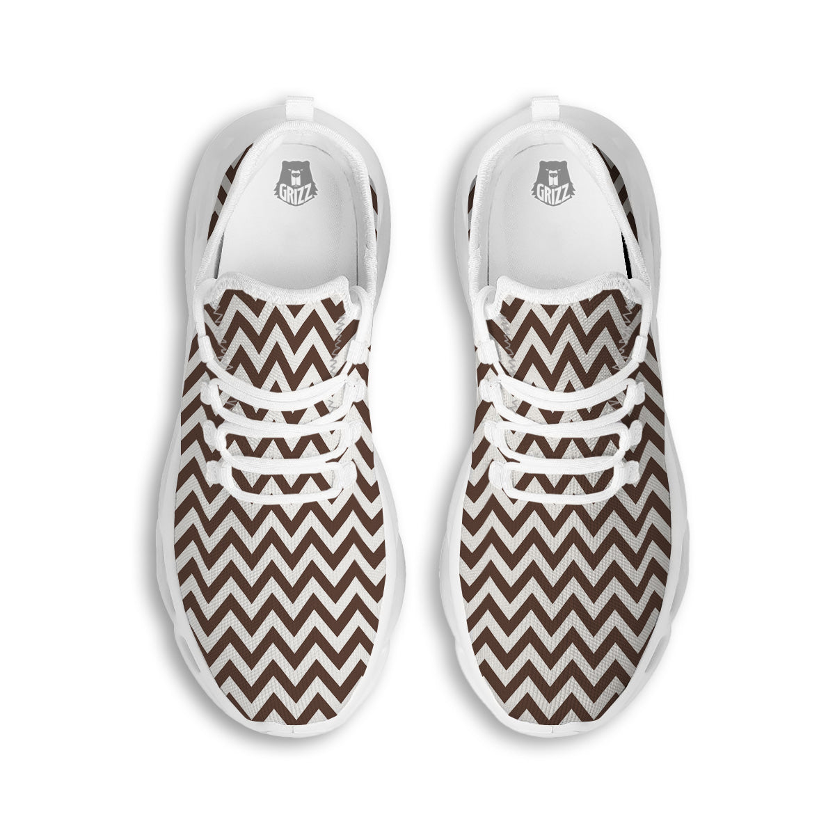 Brown Zigzag Print Pattern White Running Shoes-grizzshop