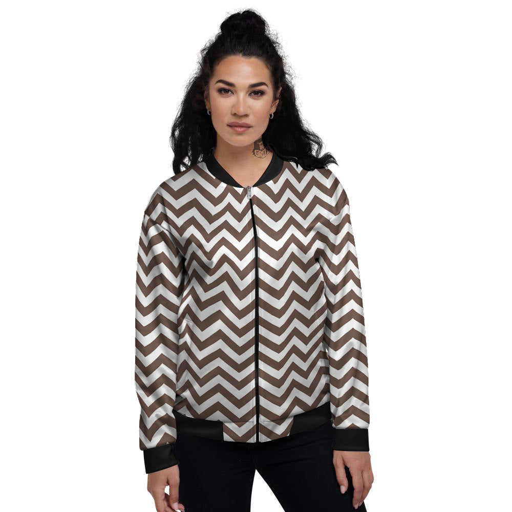Brown Zigzag Print Pattern Women's Bomber Jacket-grizzshop