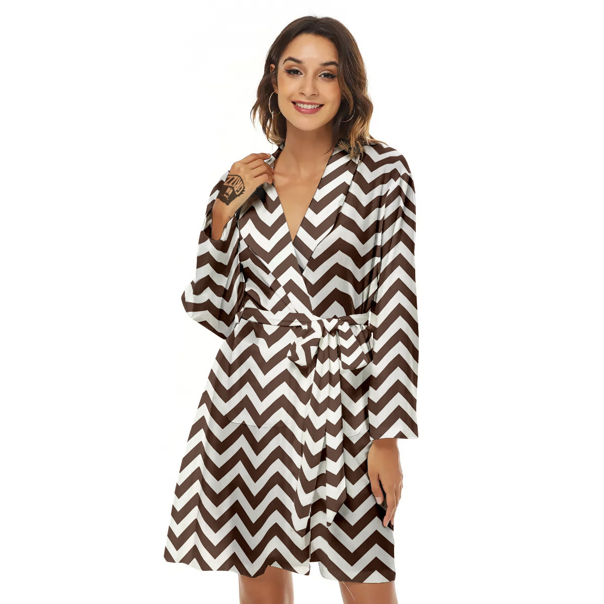 Brown Zigzag Print Pattern Women's Robe-grizzshop