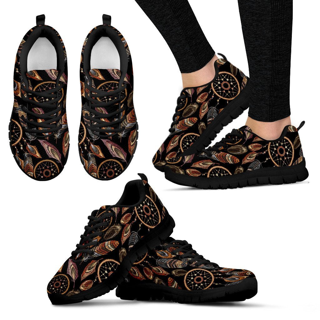 Brown Boho Peacock Dream Catcher Feather Pattern Print Black Sneaker Shoes For Men Women-grizzshop