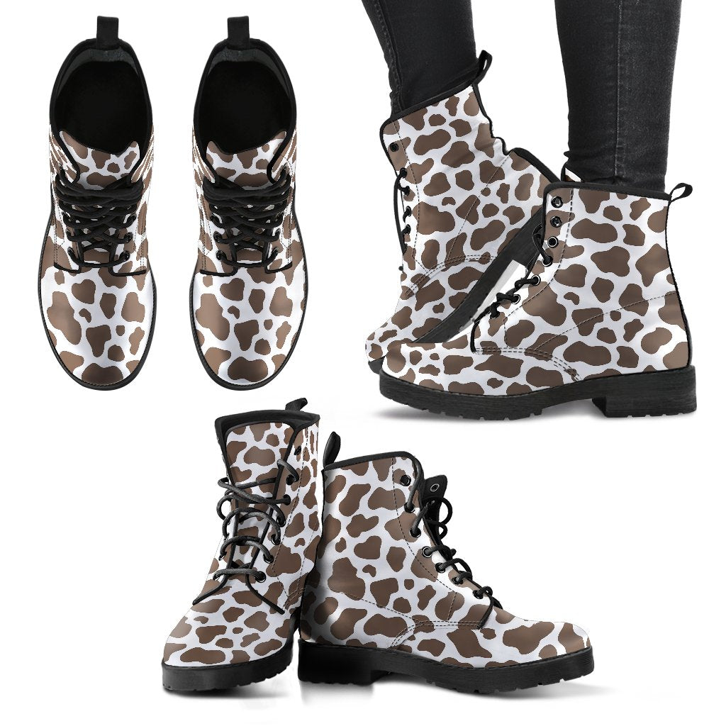 Brown Cow Pattern Print Men Women Leather Boots-grizzshop