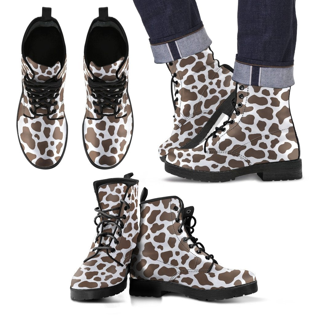 Brown Cow Pattern Print Men Women Leather Boots-grizzshop