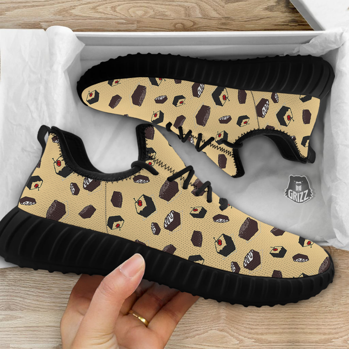 Brownie Beige Print Pattern Black Walking Shoes-grizzshop