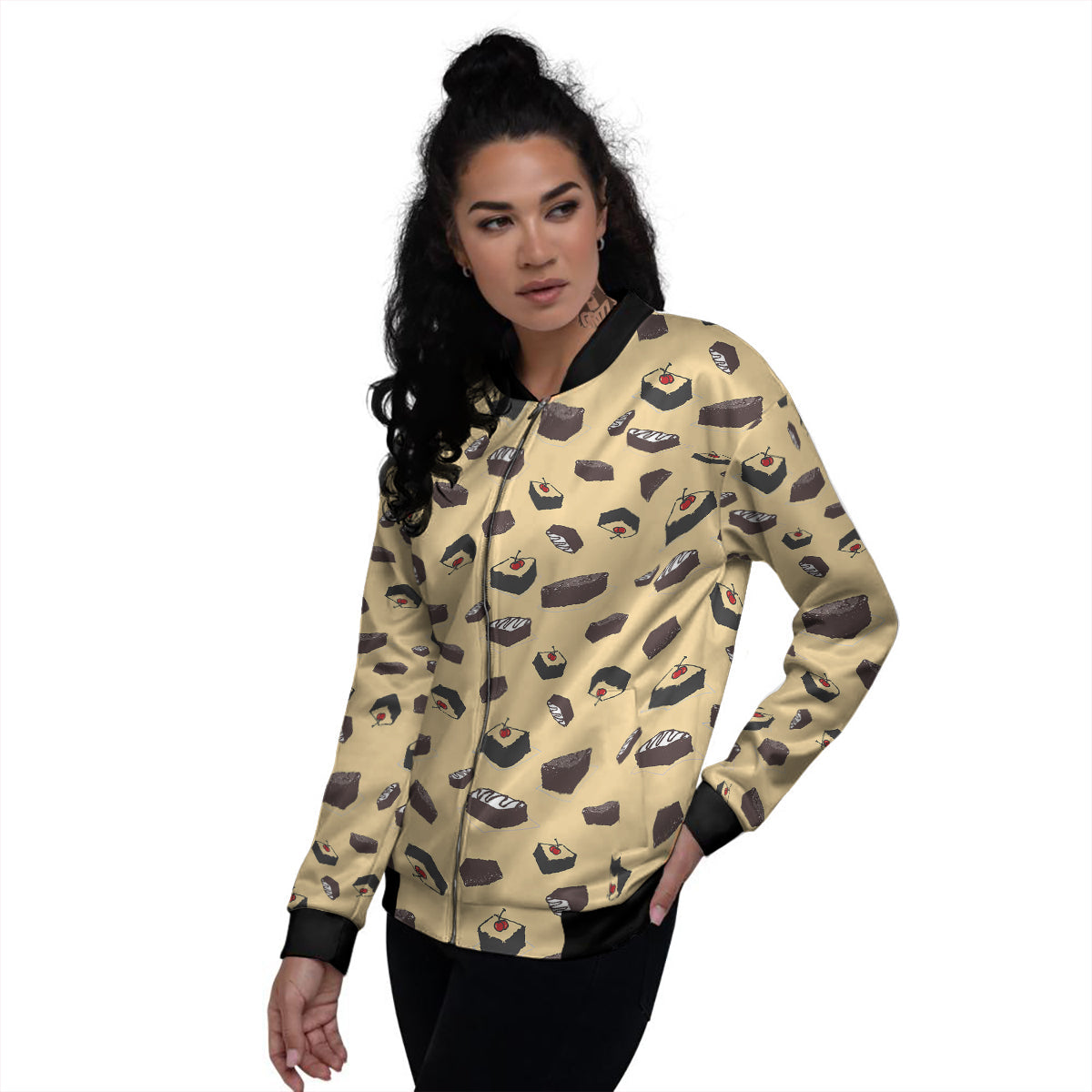 Brownie Beige Print Pattern Women's Bomber Jacket-grizzshop