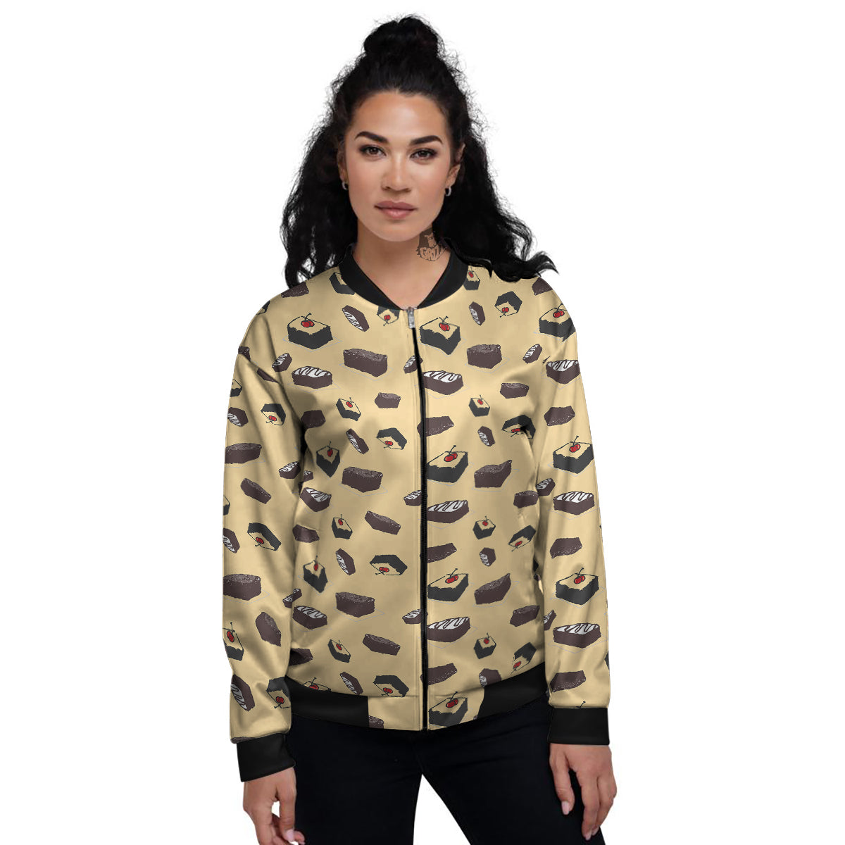 Brownie Beige Print Pattern Women's Bomber Jacket-grizzshop