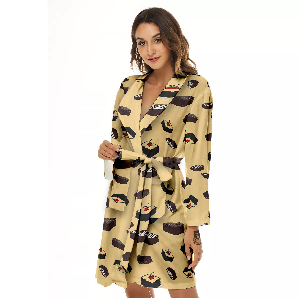 Brownie Beige Print Pattern Women's Robe-grizzshop