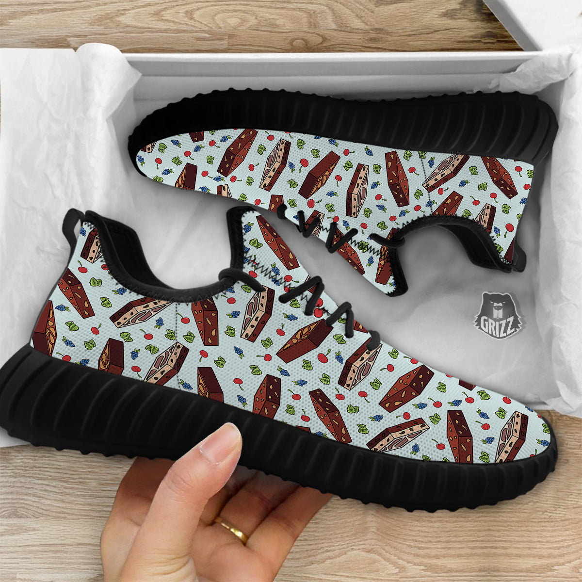 Brownie Brown Print Pattern Black Walking Shoes-grizzshop