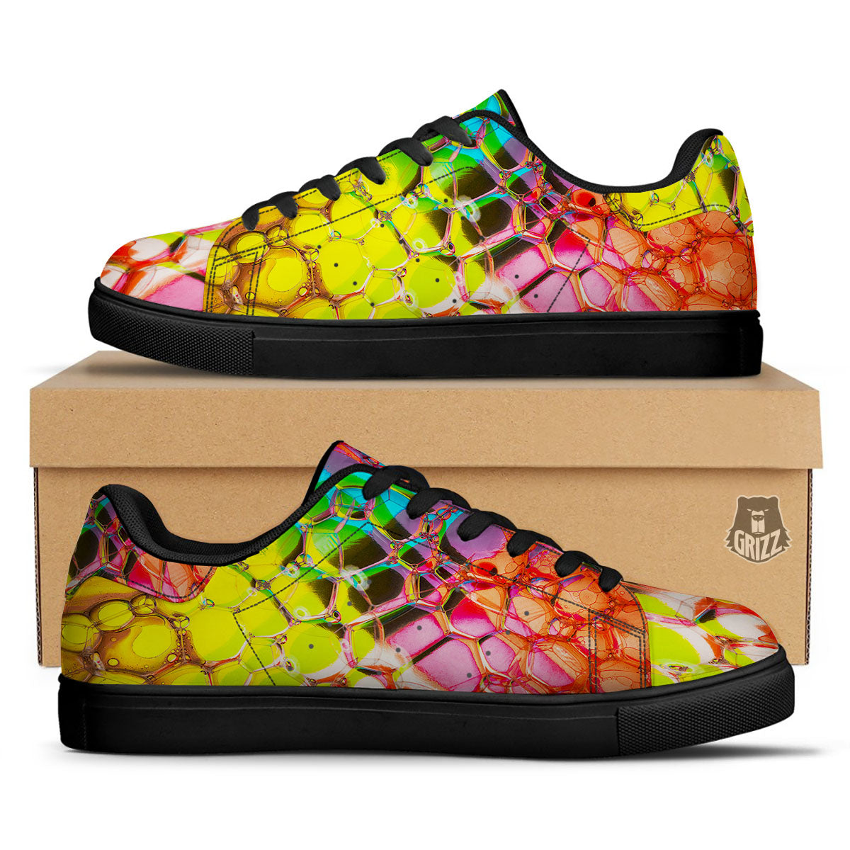 Bubble Soap Psychedelic Print Black Low Top Sneakers-grizzshop