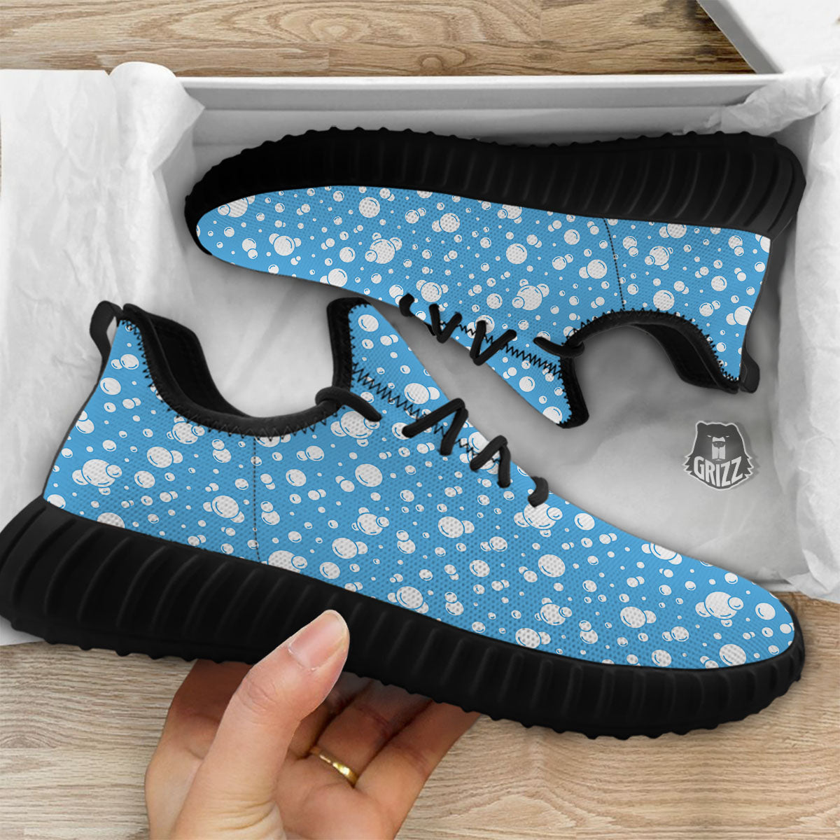Bubble White And Blue Print Pattern Black Walking Shoes-grizzshop