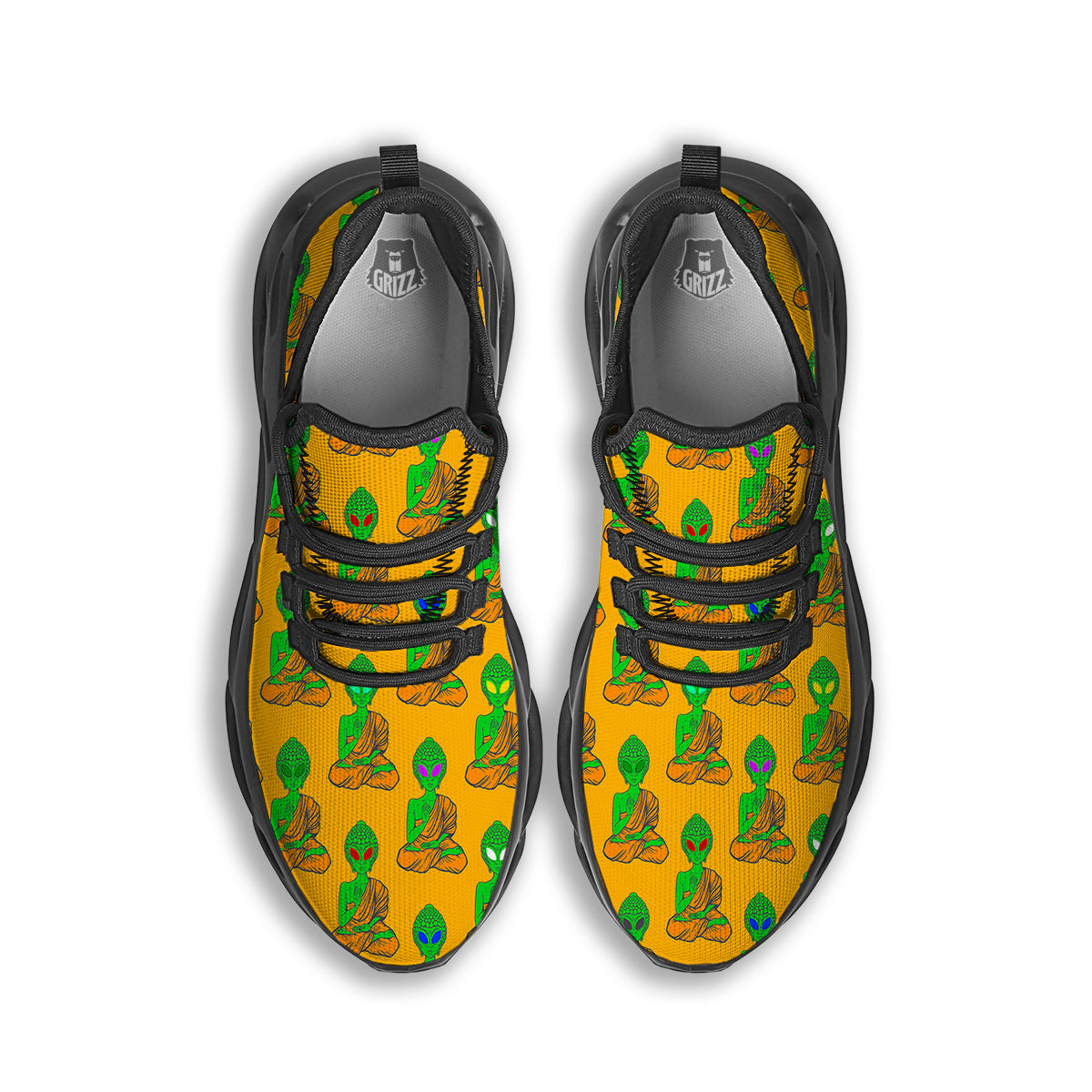 Buddha Alien Psychedelic Print Pattern Black Running Shoes-grizzshop