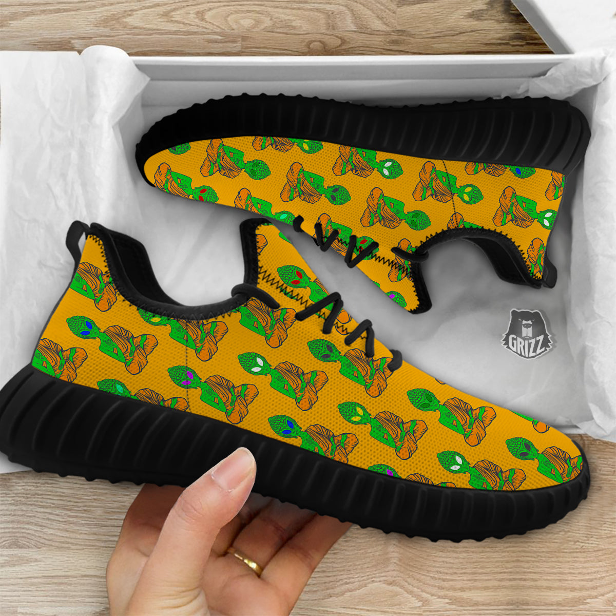 Buddha Alien Psychedelic Print Pattern Black Walking Shoes-grizzshop