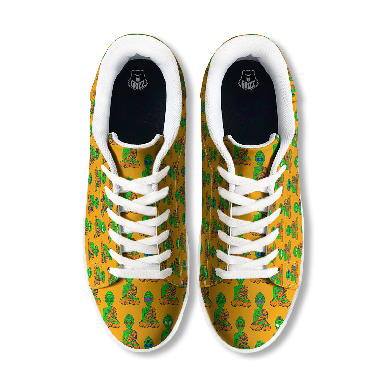 Buddha Alien Psychedelic Print Pattern White Low Top Sneakers-grizzshop