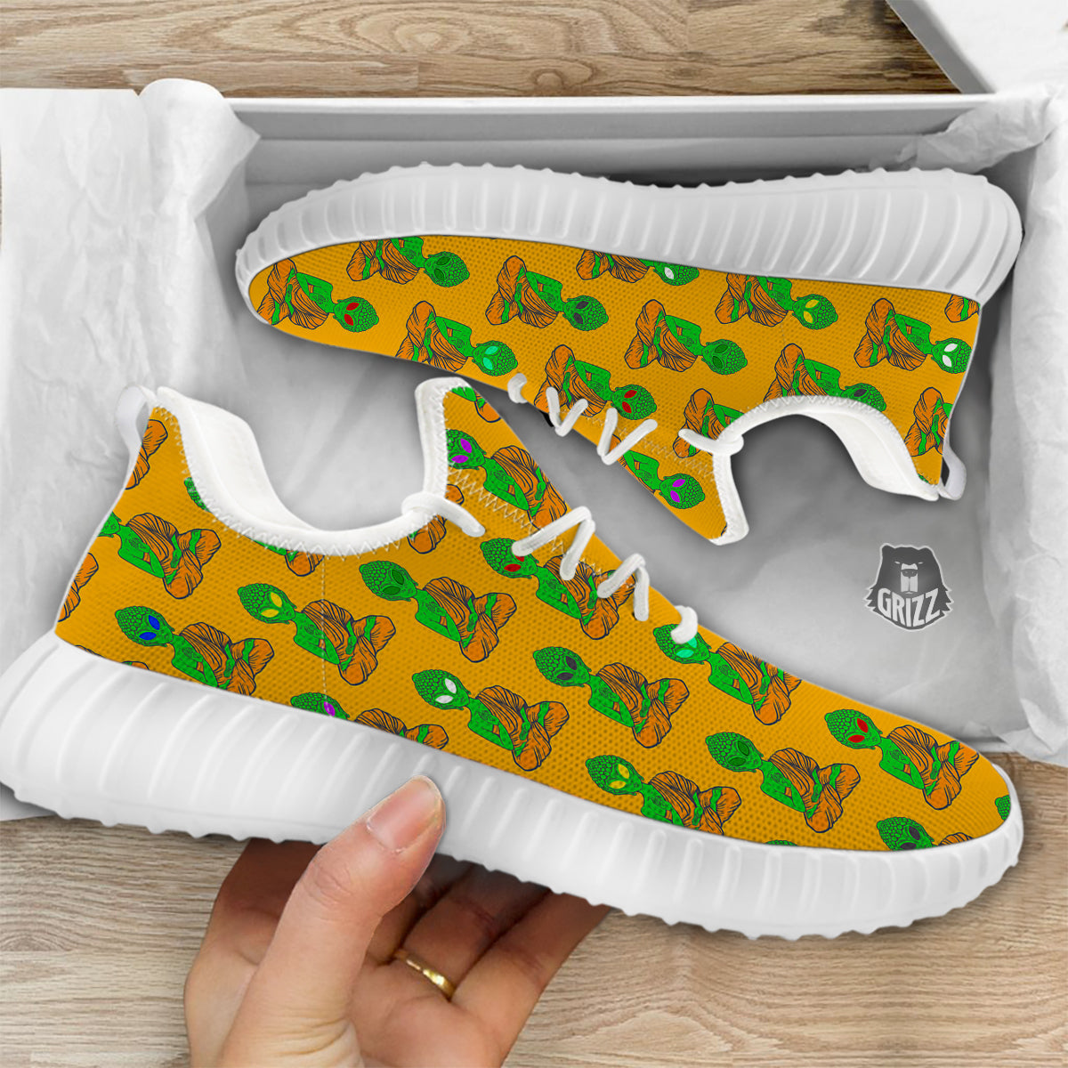 Buddha Alien Psychedelic Print Pattern White Walking Shoes-grizzshop