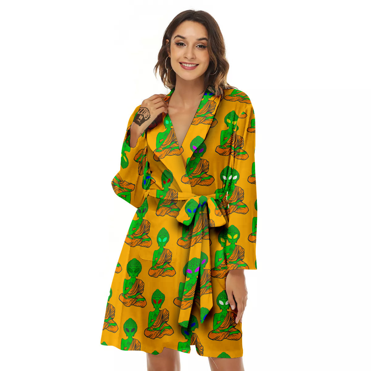 Buddha Alien Psychedelic Print Pattern Women's Robe-grizzshop
