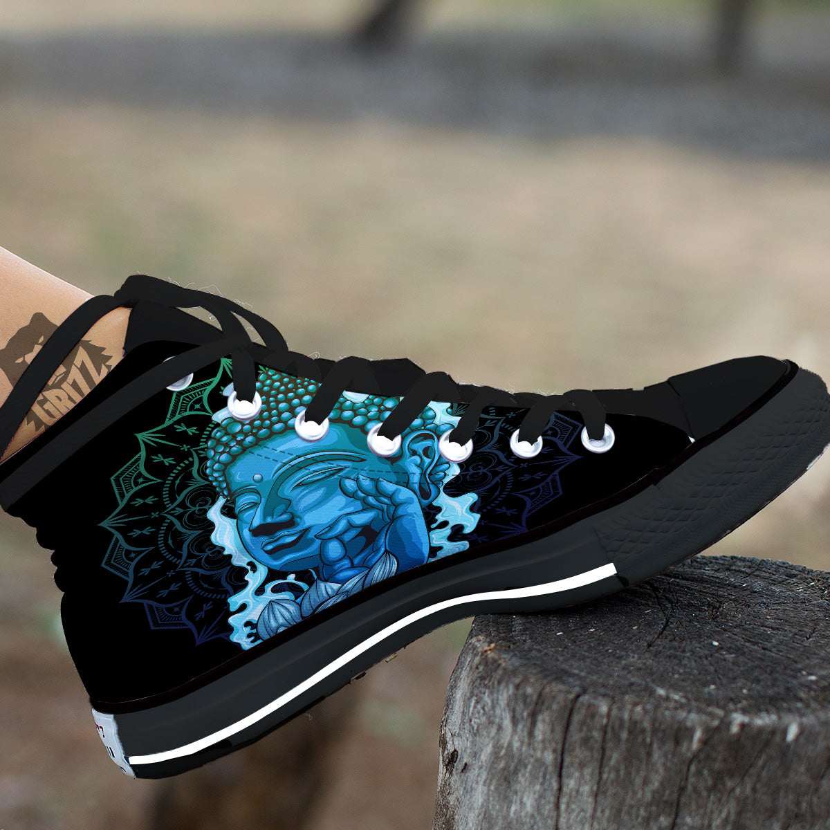 Buddha Blue Print Black High Top Shoes-grizzshop