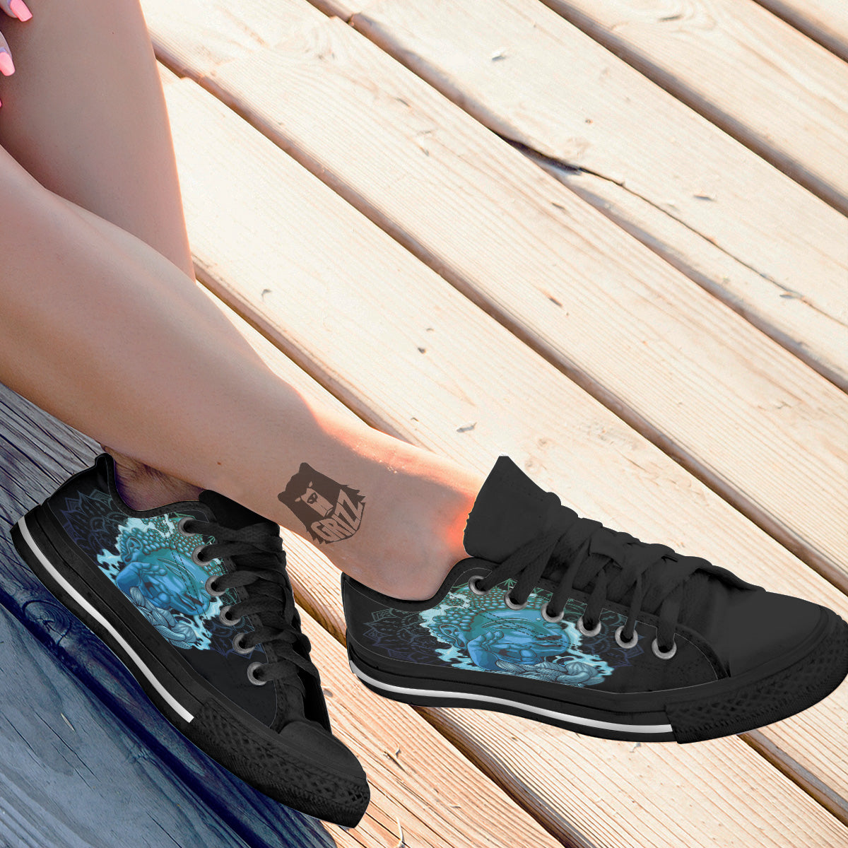 Buddha Blue Print Black Low Top Shoes-grizzshop