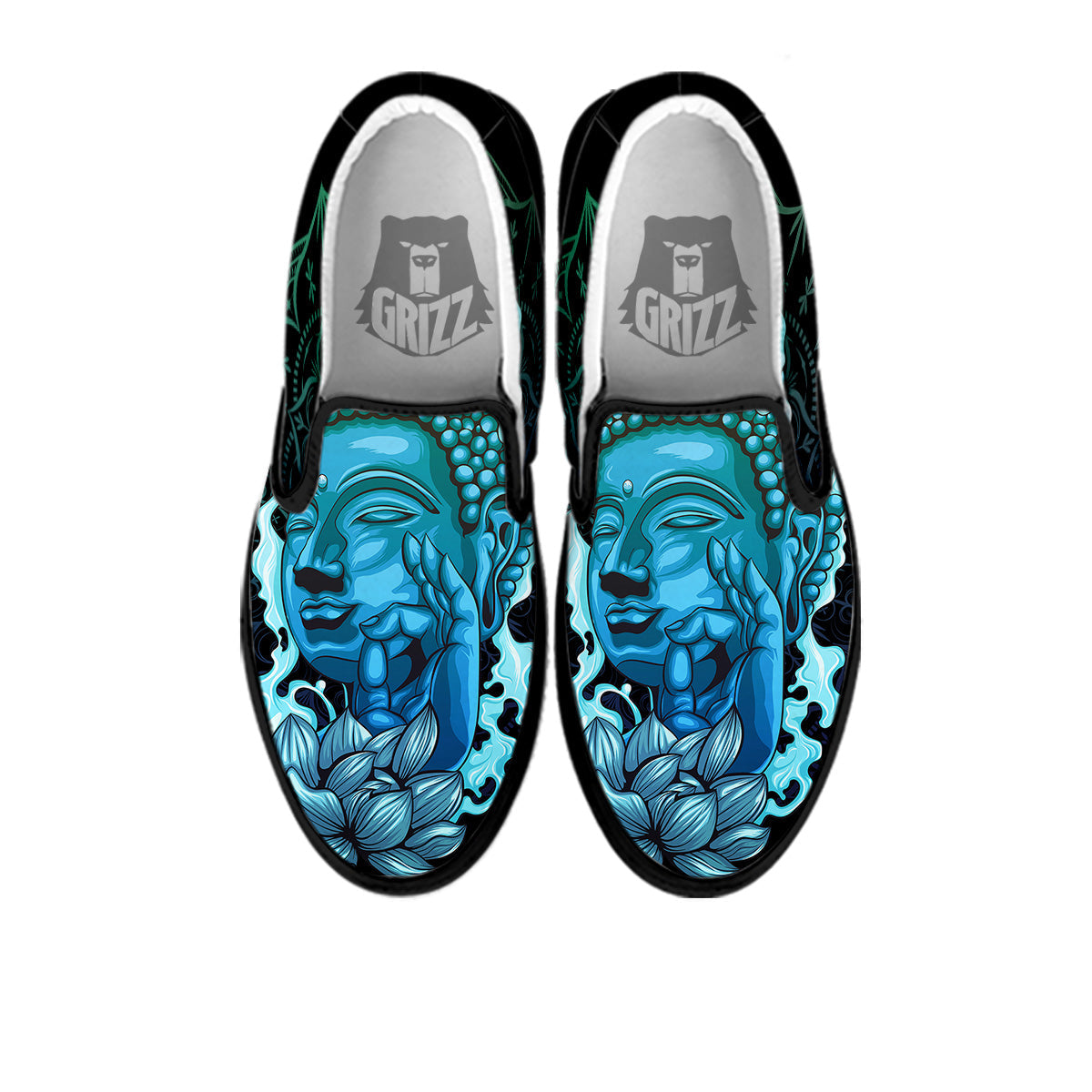 Buddha Blue Print Black Slip On Shoes-grizzshop
