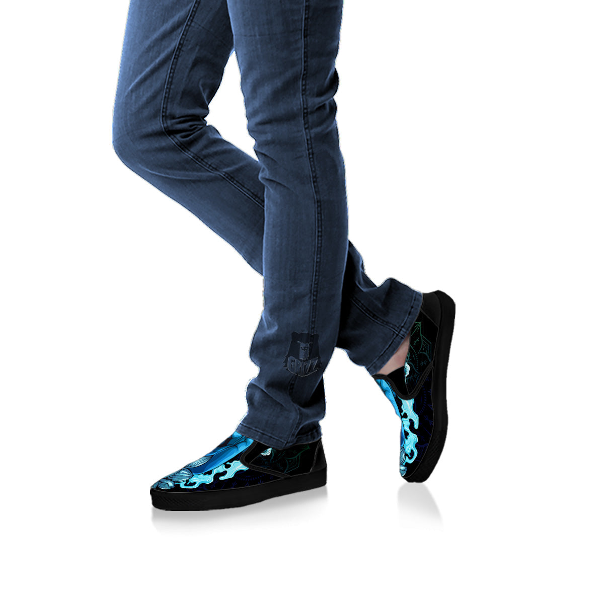 Buddha Blue Print Black Slip On Shoes-grizzshop