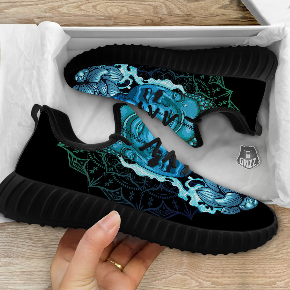 Buddha Blue Print Black Walking Shoes-grizzshop