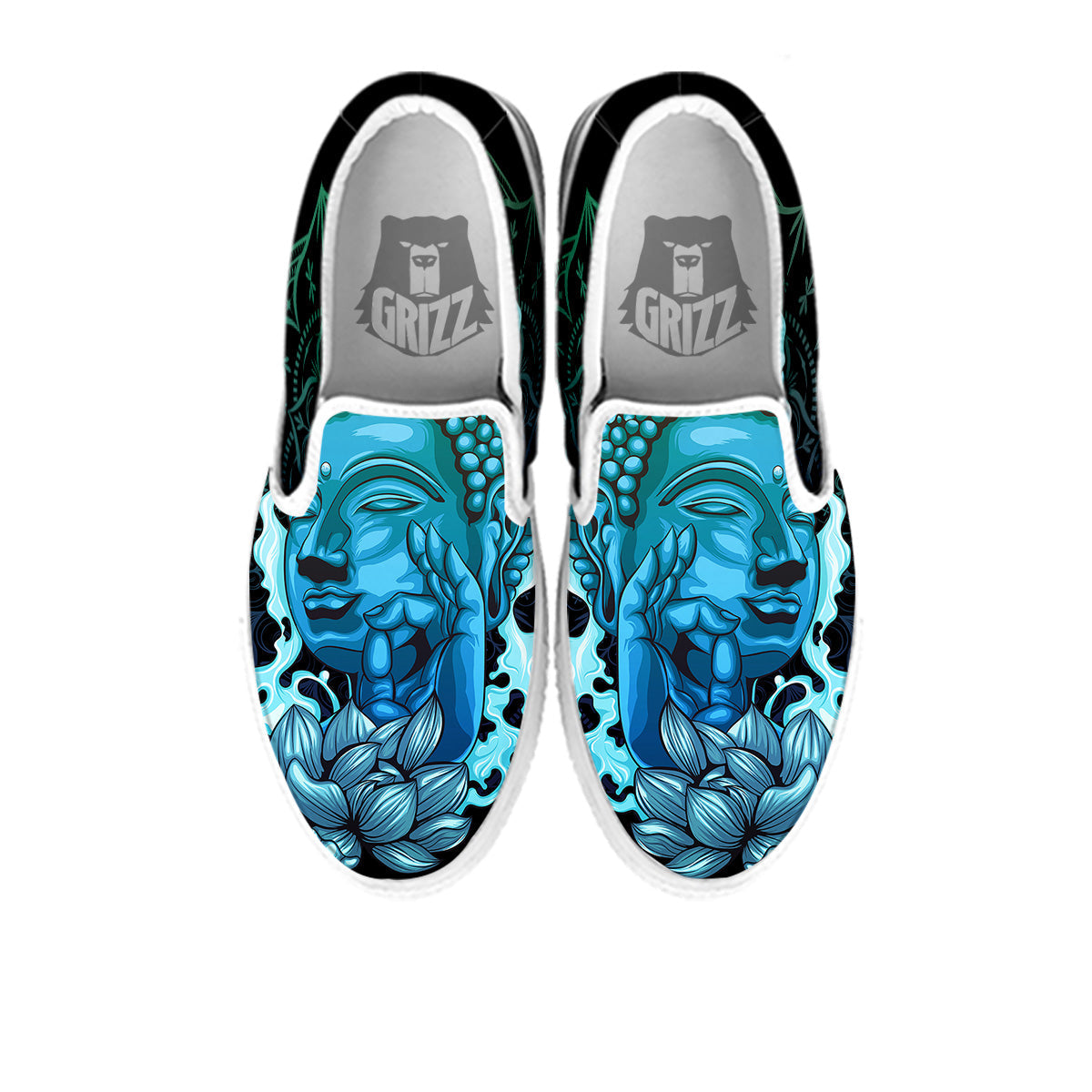 Buddha Blue Print White Slip On Shoes-grizzshop