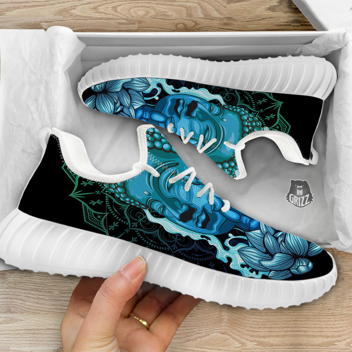 Buddha Blue Print White Walking Shoes-grizzshop