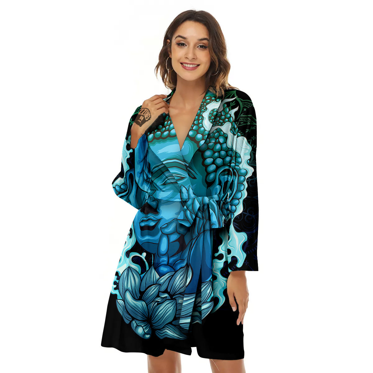 Buddha Blue Print Women's Robe-grizzshop