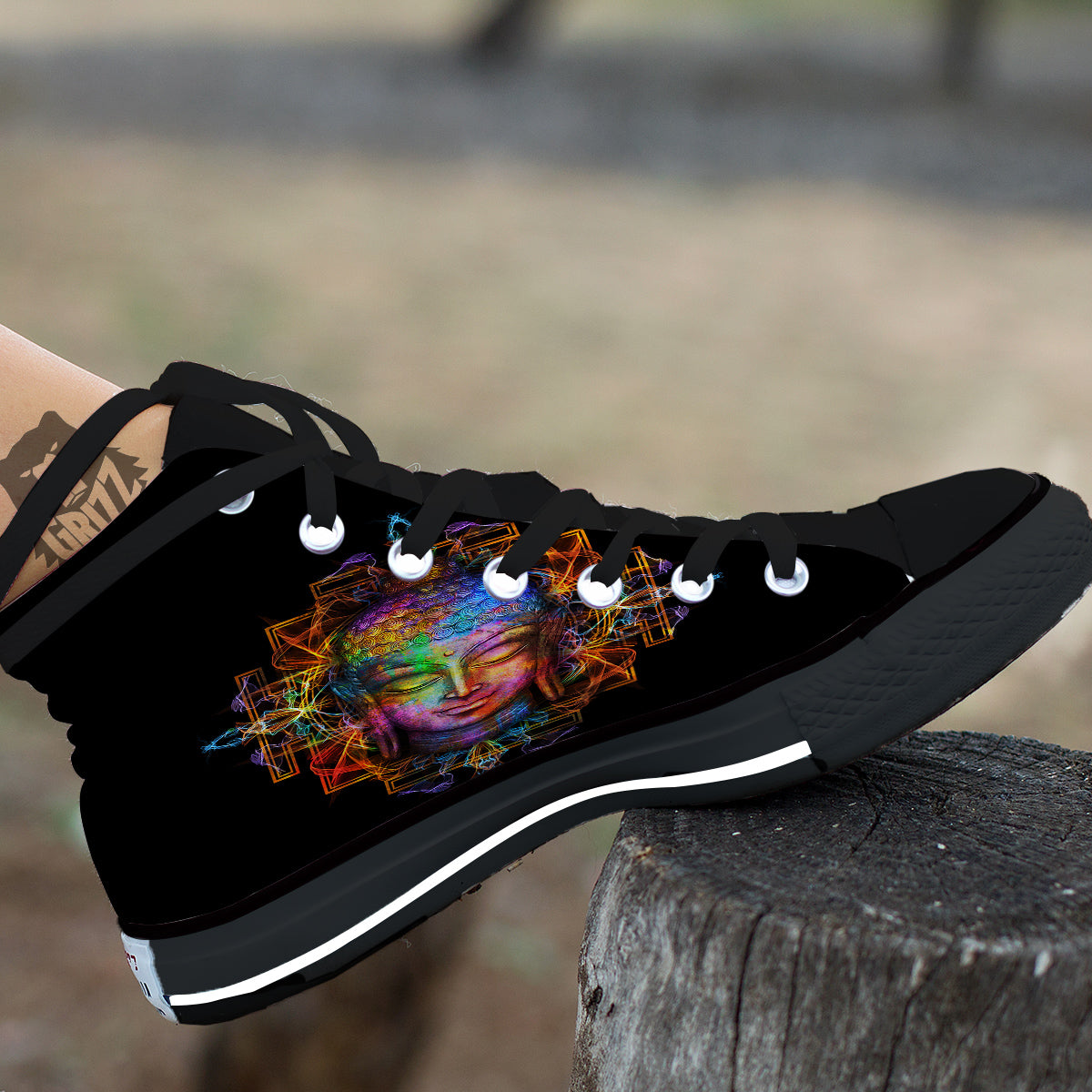 Buddha Colorful Print Black High Top Shoes-grizzshop