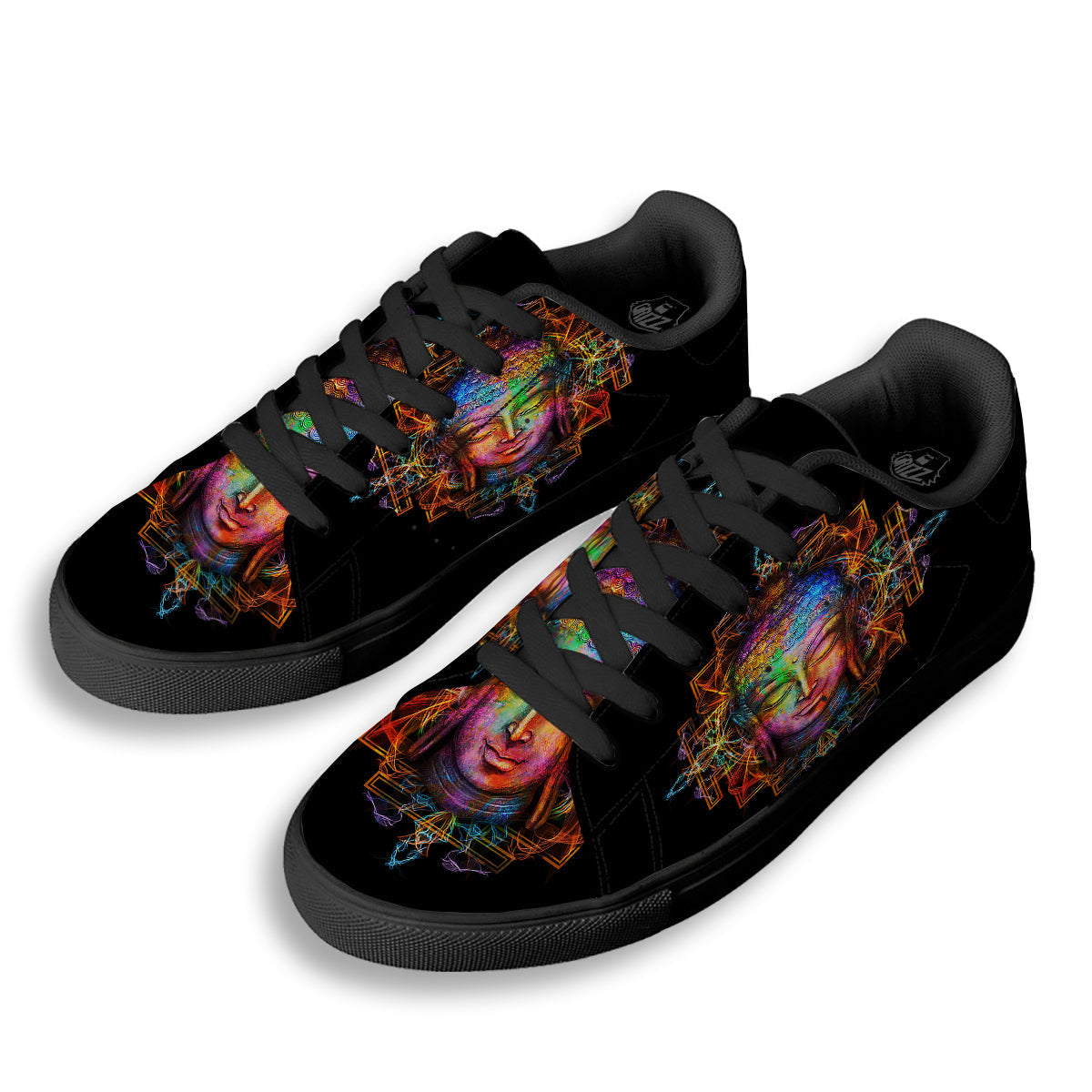 Buddha Colorful Print Black Low Top Sneakers-grizzshop