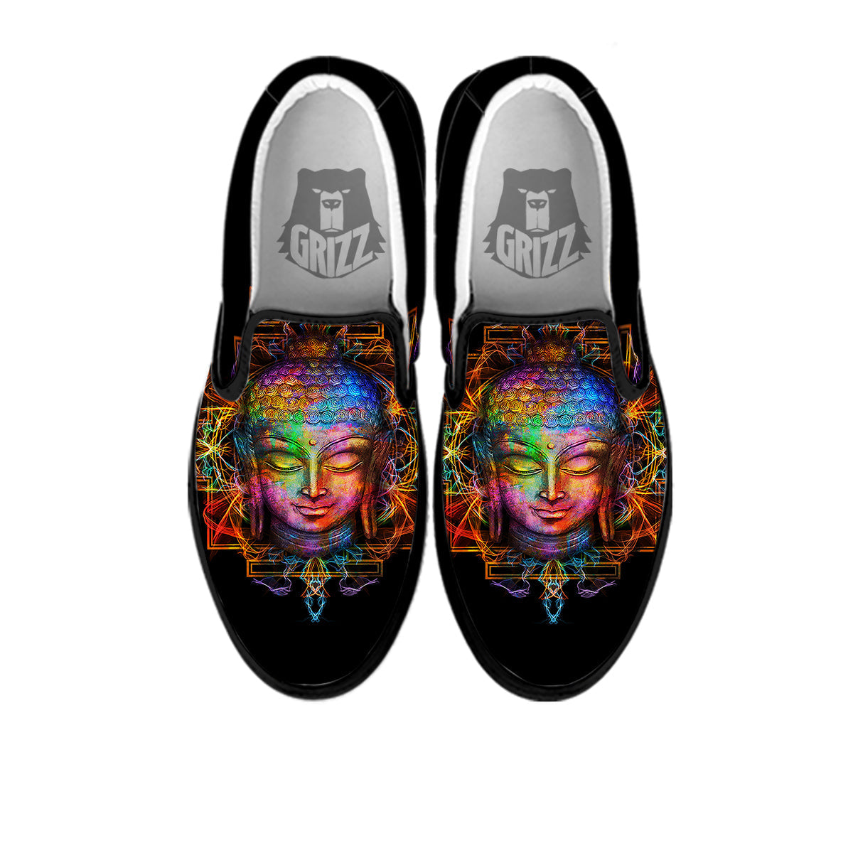 Buddha Colorful Print Black Slip On Shoes-grizzshop