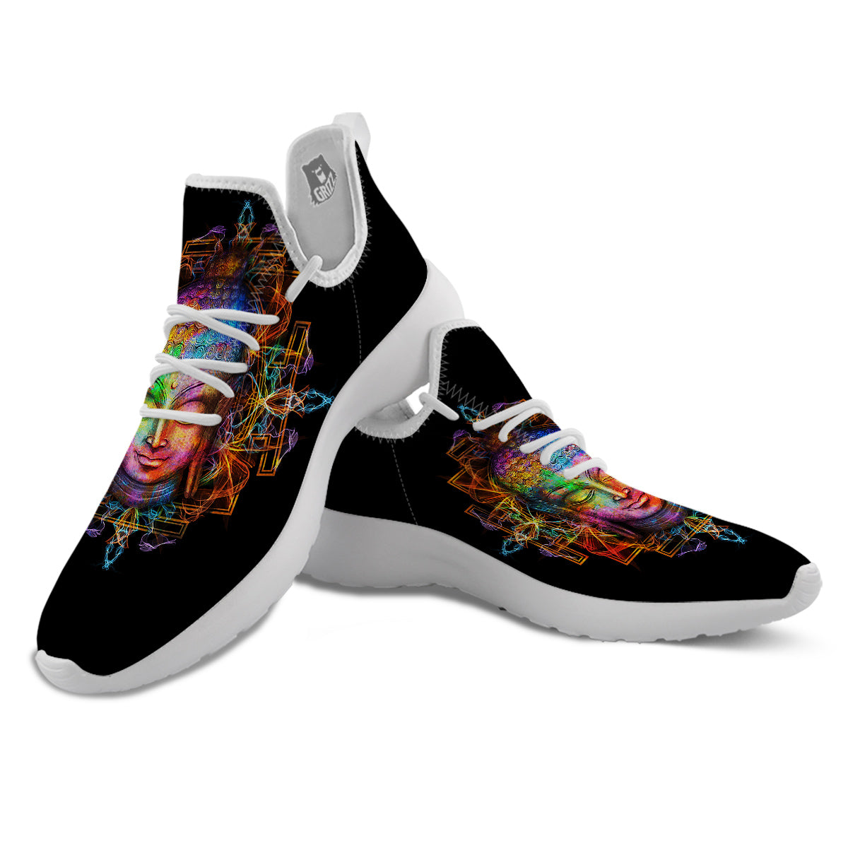Buddha Colorful Print White Athletic Shoes-grizzshop