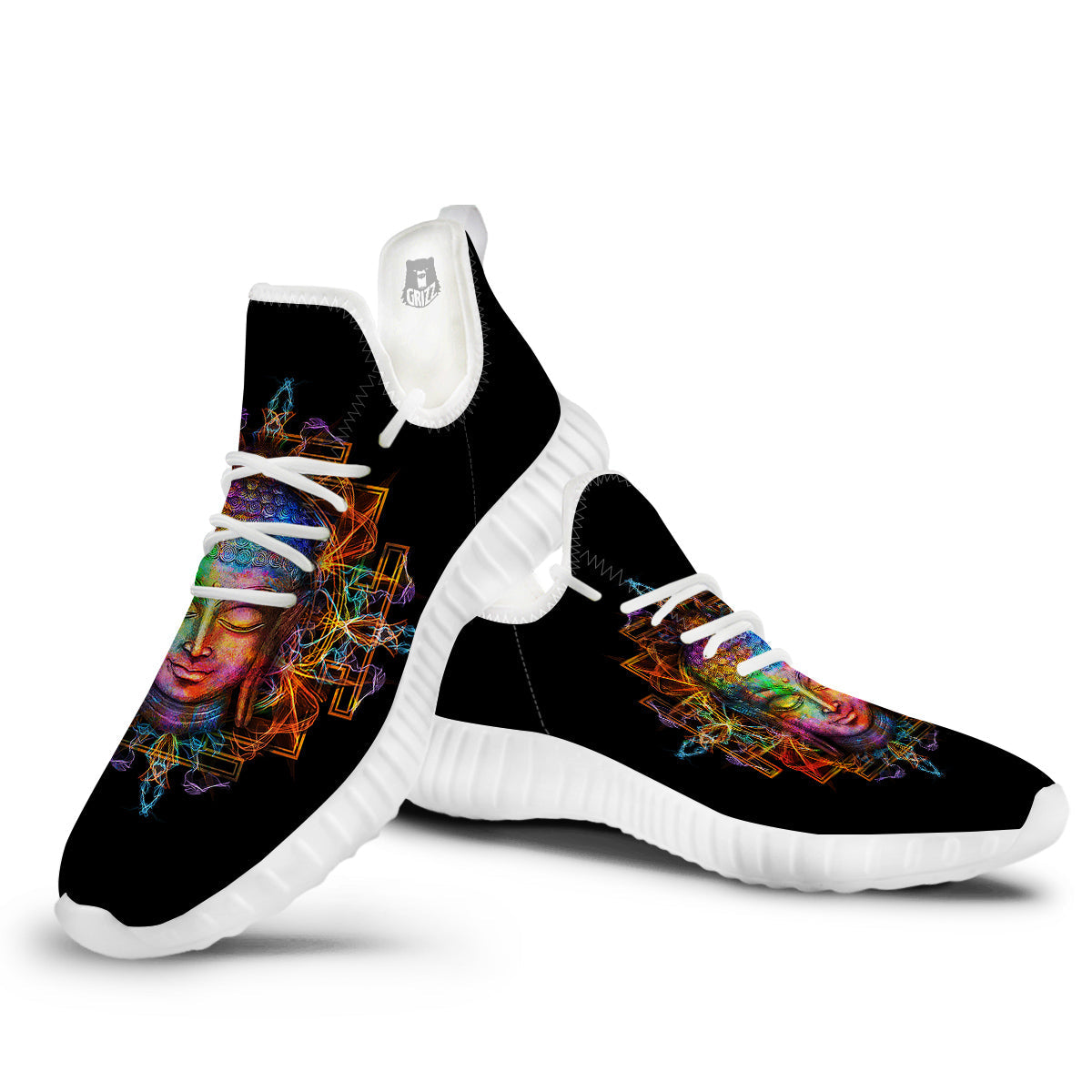 Buddha Colorful Print White Walking Shoes-grizzshop