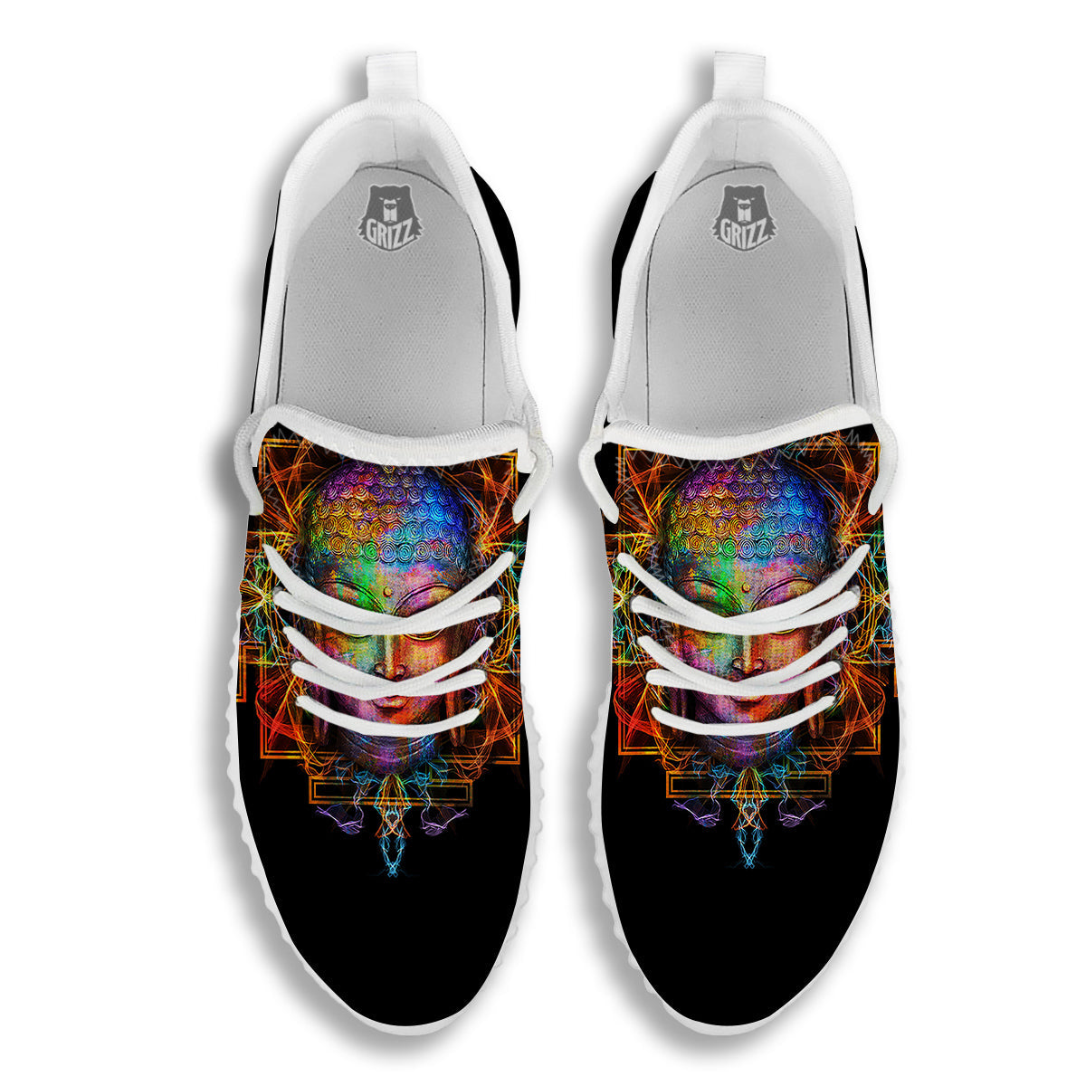 Buddha Colorful Print White Walking Shoes-grizzshop