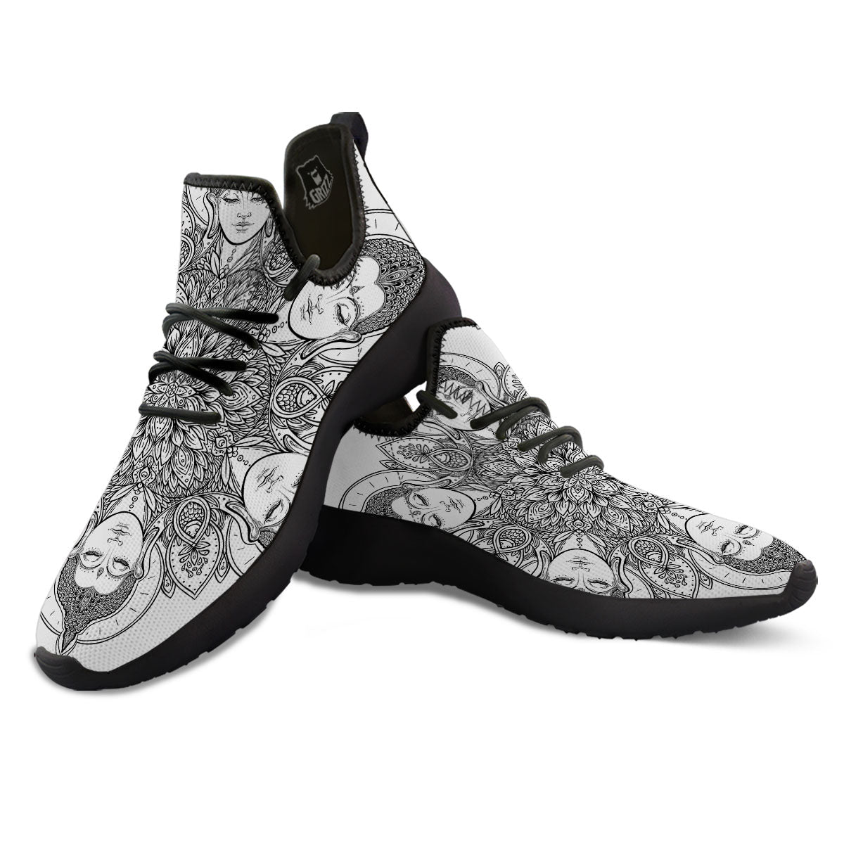 Buddha Face Ornate Mandala Print Black Athletic Shoes-grizzshop