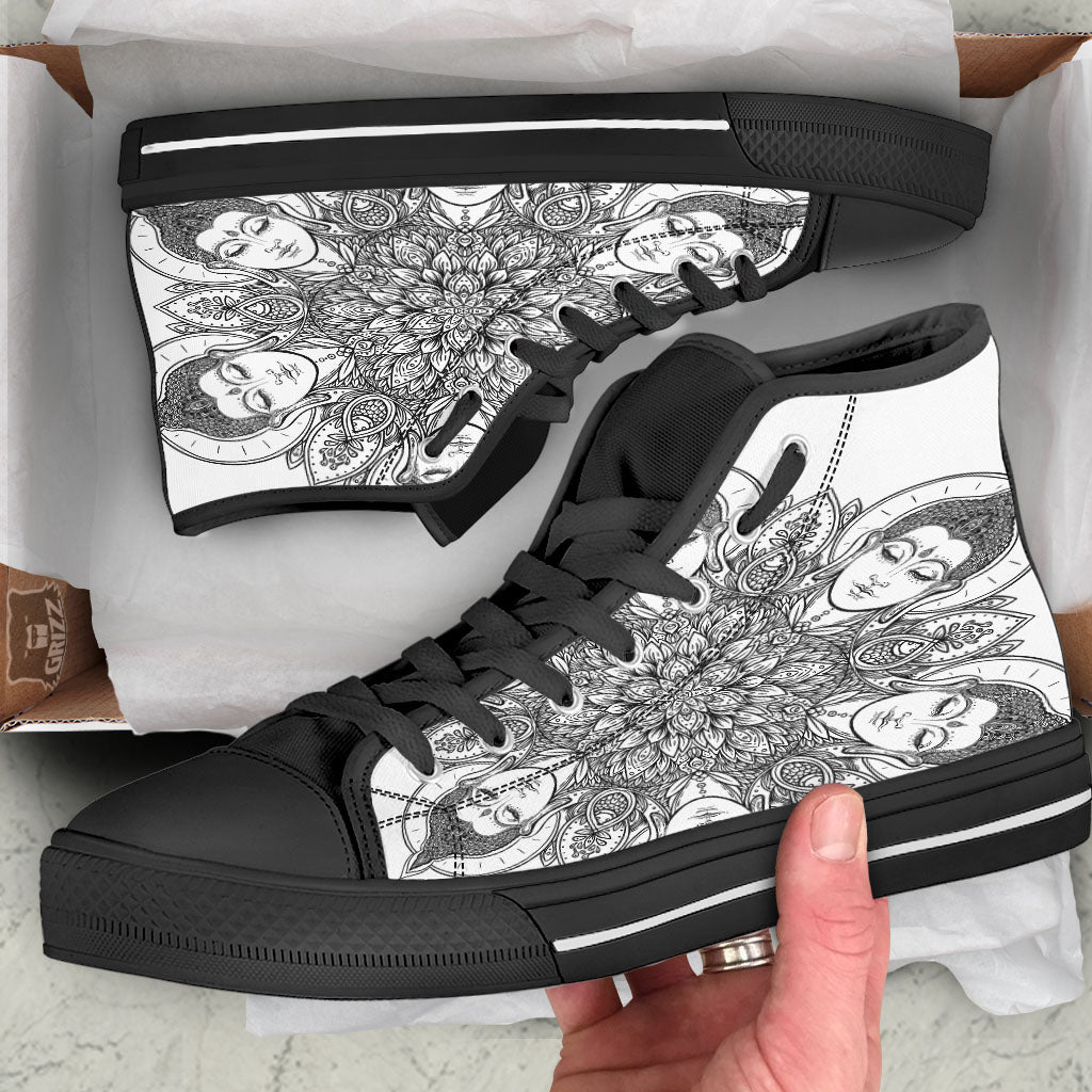 Buddha Face Ornate Mandala Print Black High Top Shoes-grizzshop