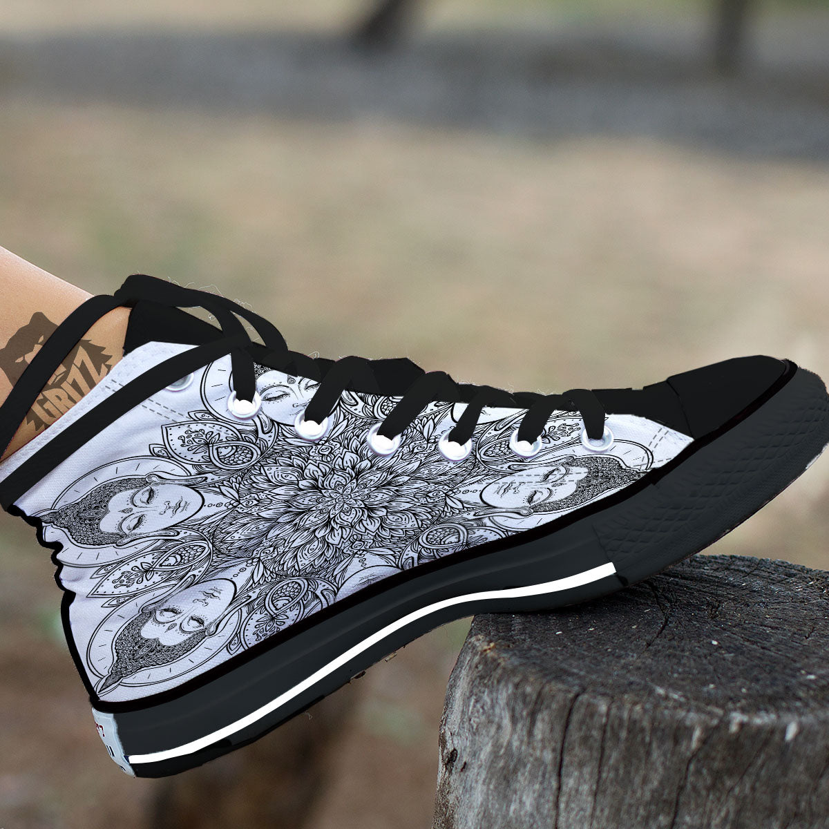 Buddha Face Ornate Mandala Print Black High Top Shoes-grizzshop