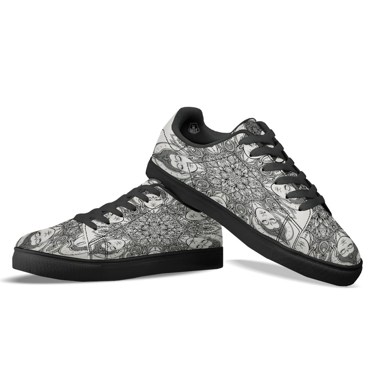Buddha Face Ornate Mandala Print Black Low Top Sneakers-grizzshop