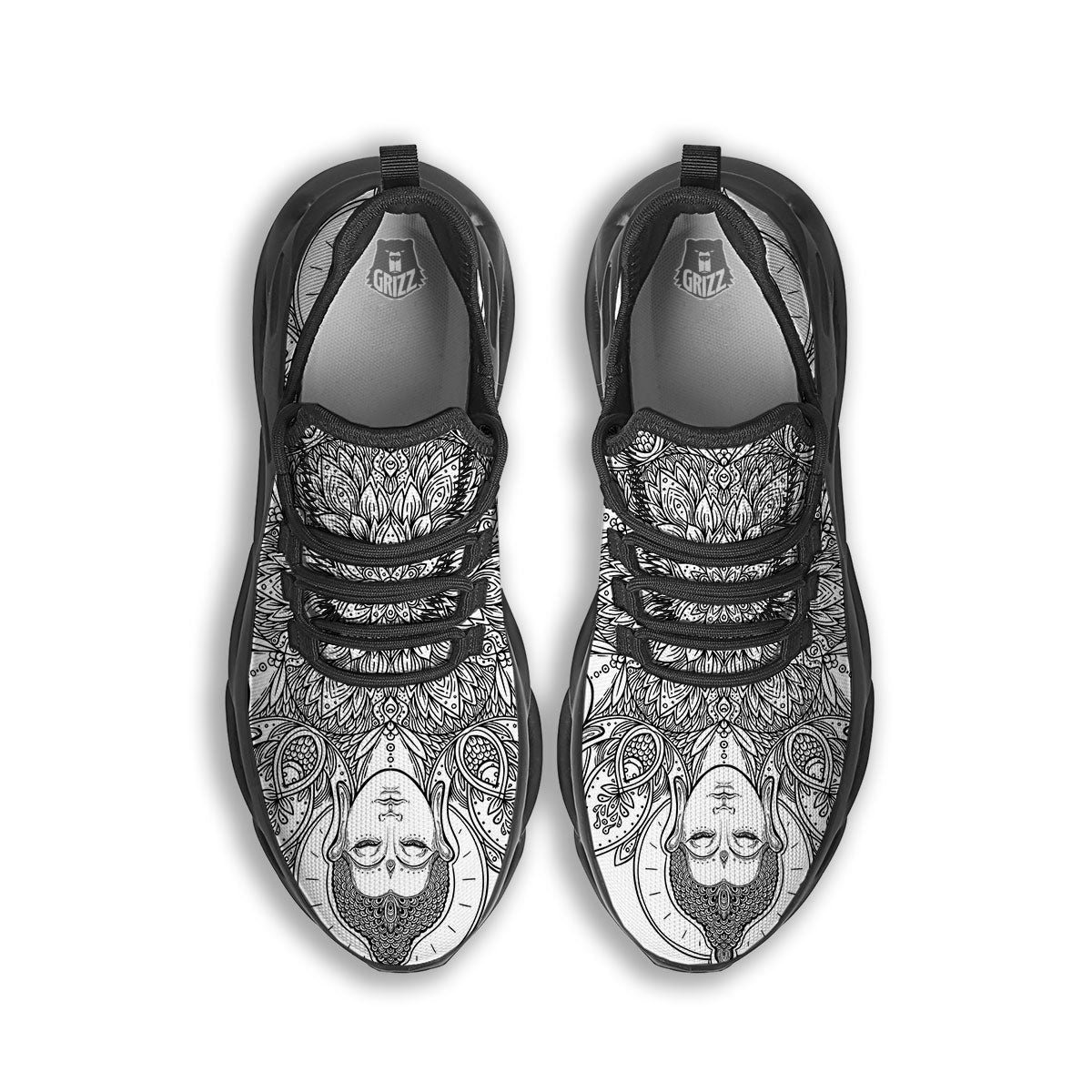 Buddha Face Ornate Mandala Print Black Running Shoes-grizzshop