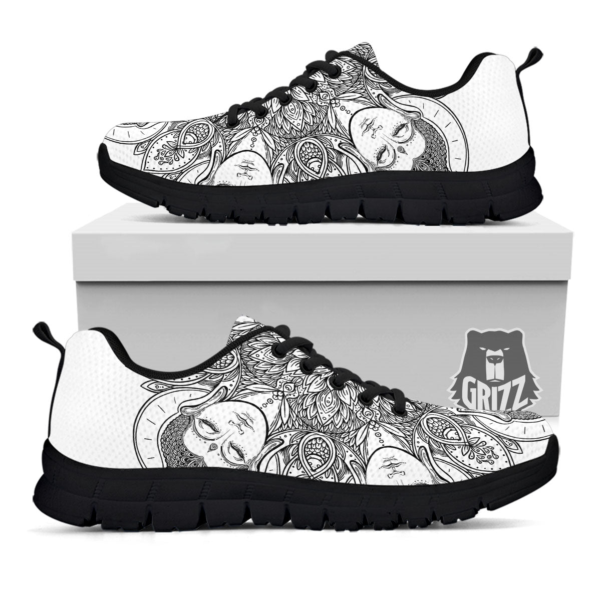 Buddha Face Ornate Mandala Print Black Sneaker-grizzshop