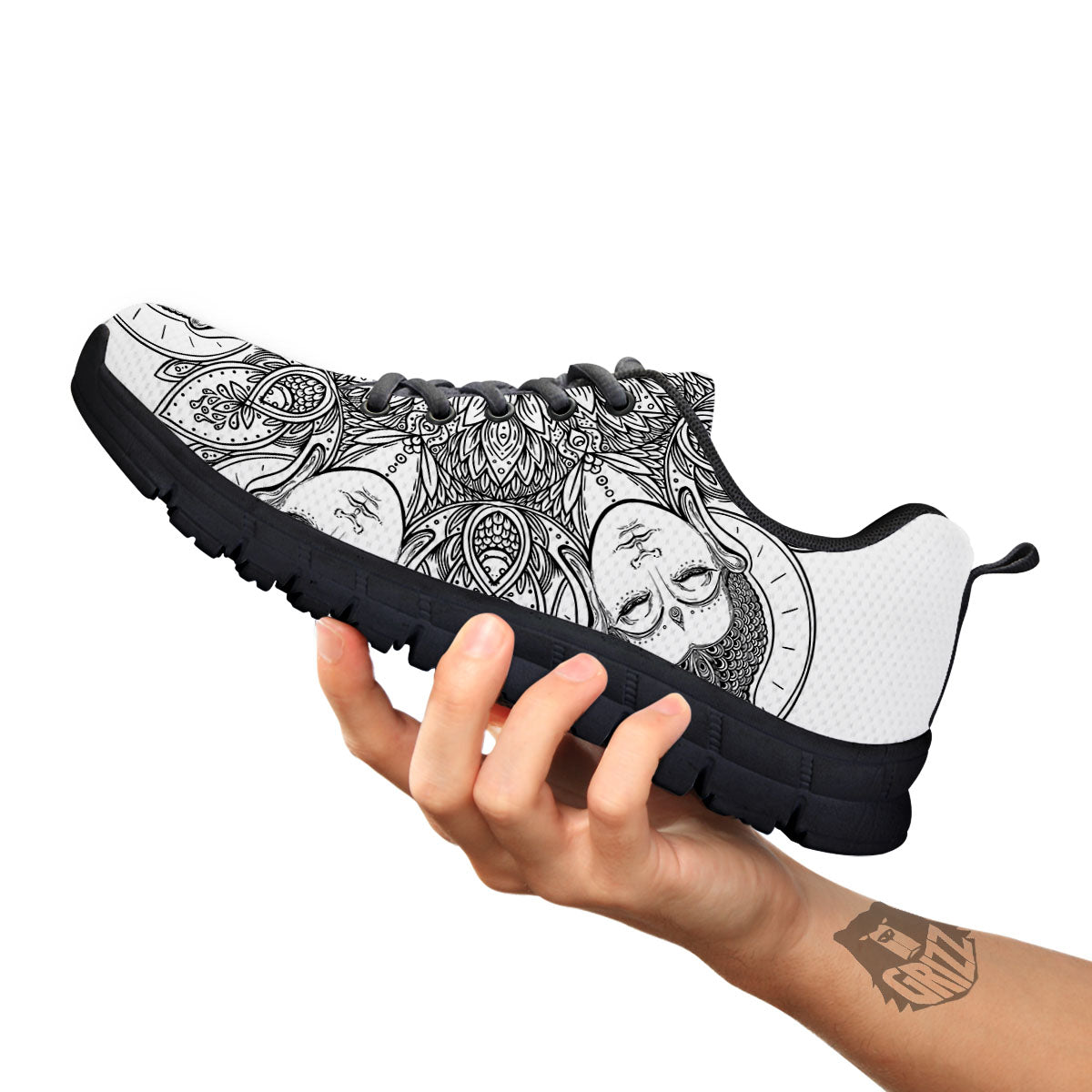 Buddha Face Ornate Mandala Print Black Sneaker-grizzshop