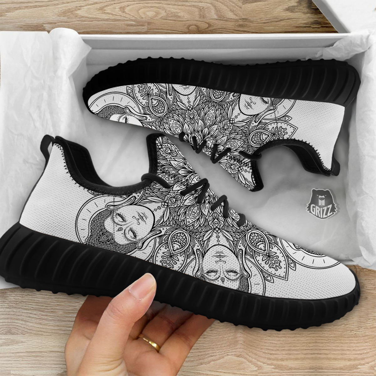 Buddha Face Ornate Mandala Print Black Walking Shoes-grizzshop