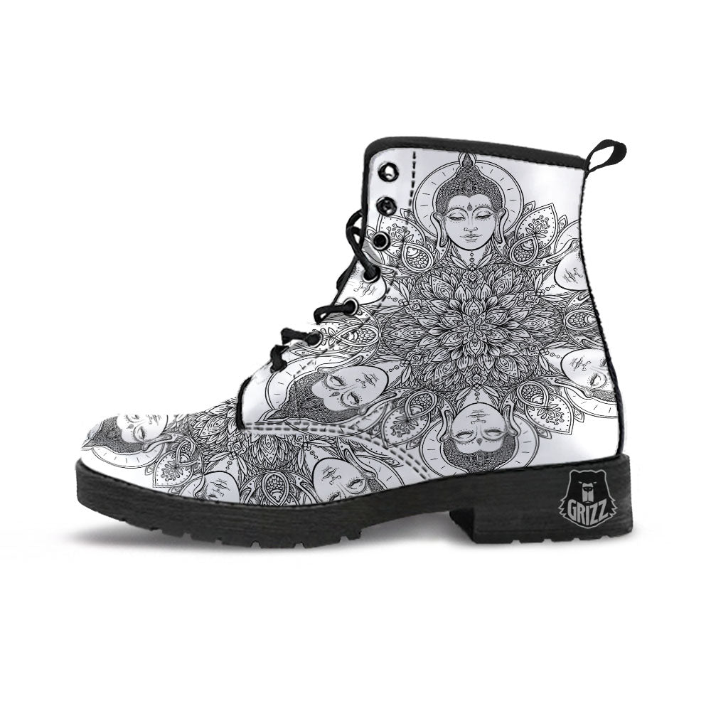 Buddha Face Ornate Mandala Print Leather Boots-grizzshop