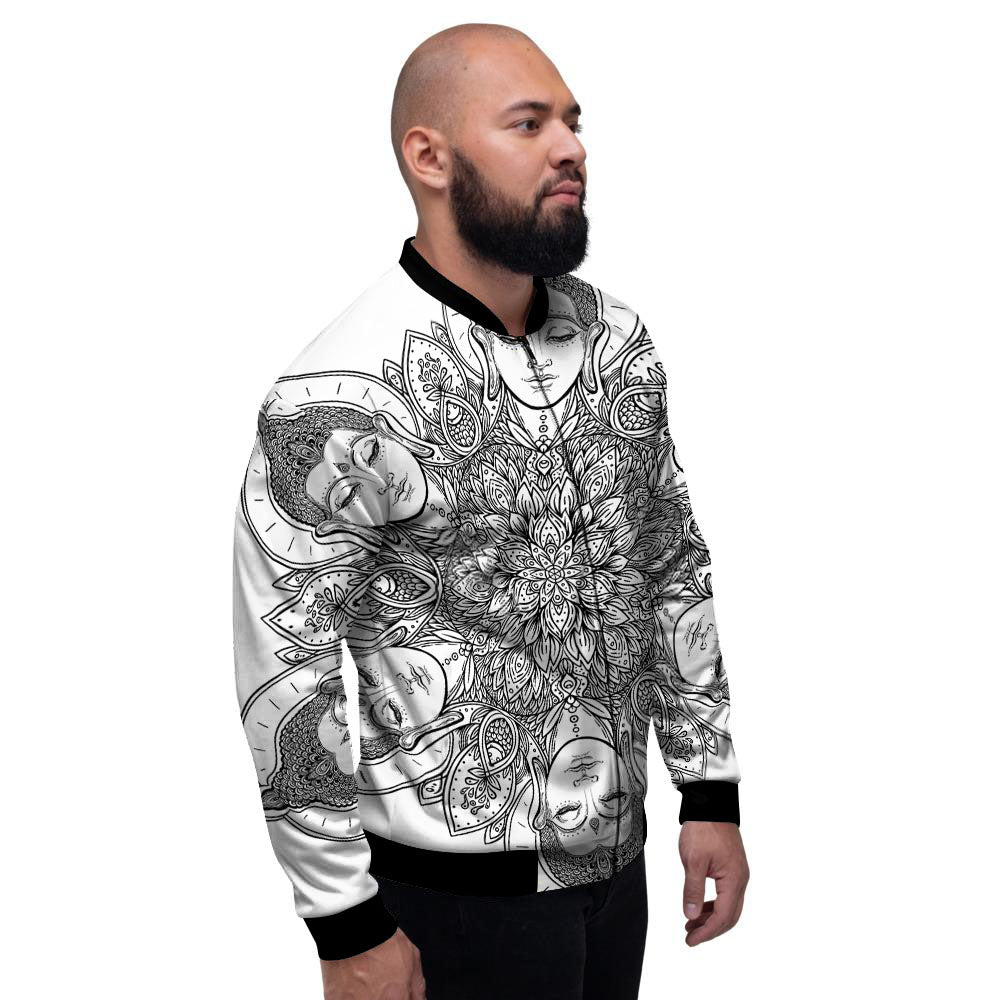 Buddha Face Ornate Mandala Print Men's Bomber Jacket-grizzshop