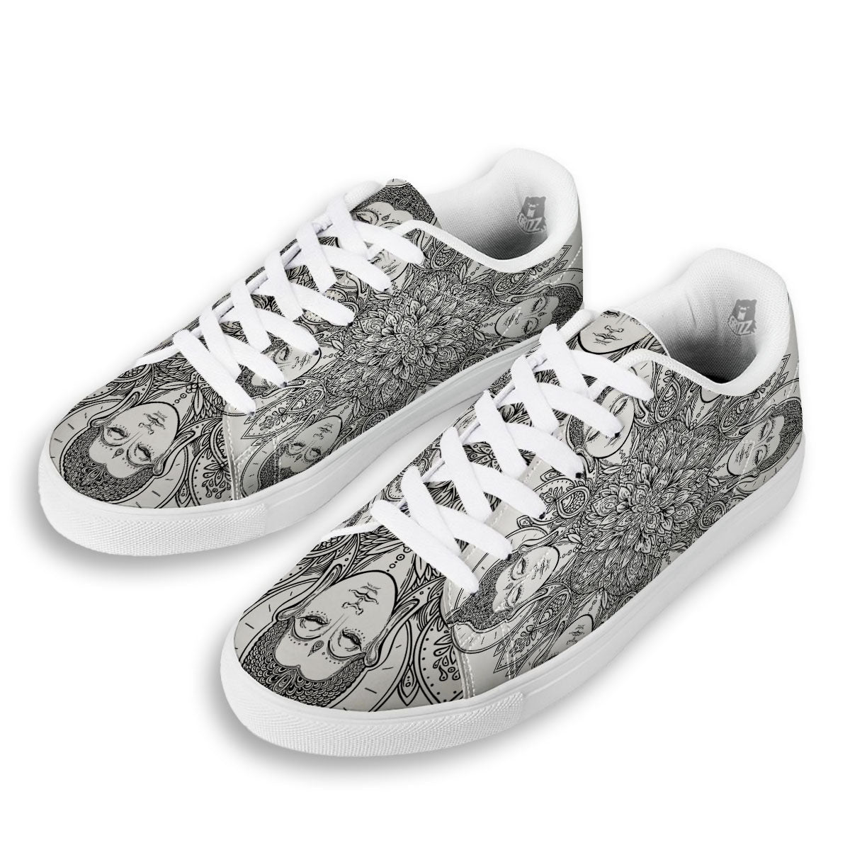 Buddha Face Ornate Mandala Print White Low Top Sneakers-grizzshop