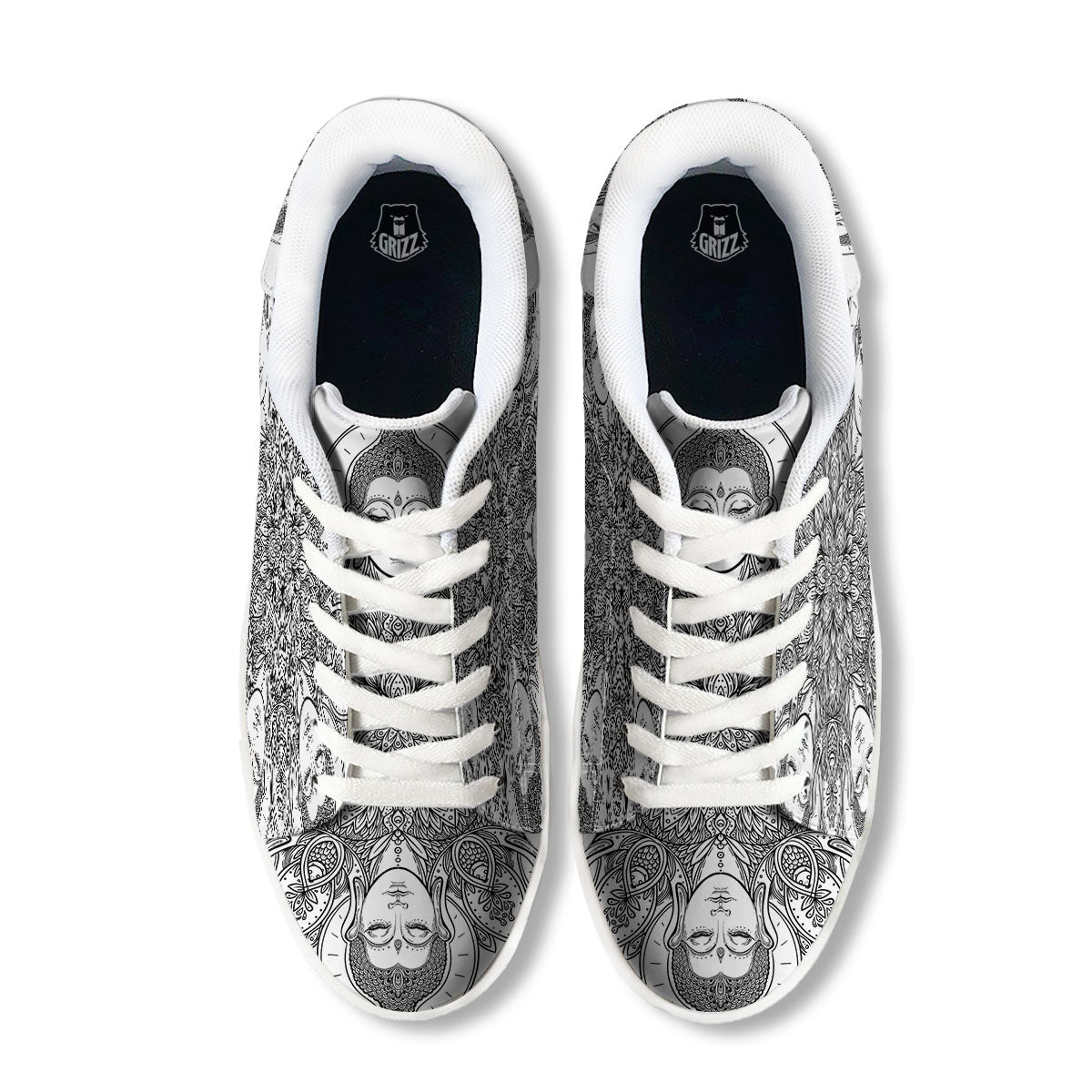 Buddha Face Ornate Mandala Print White Low Top Sneakers-grizzshop