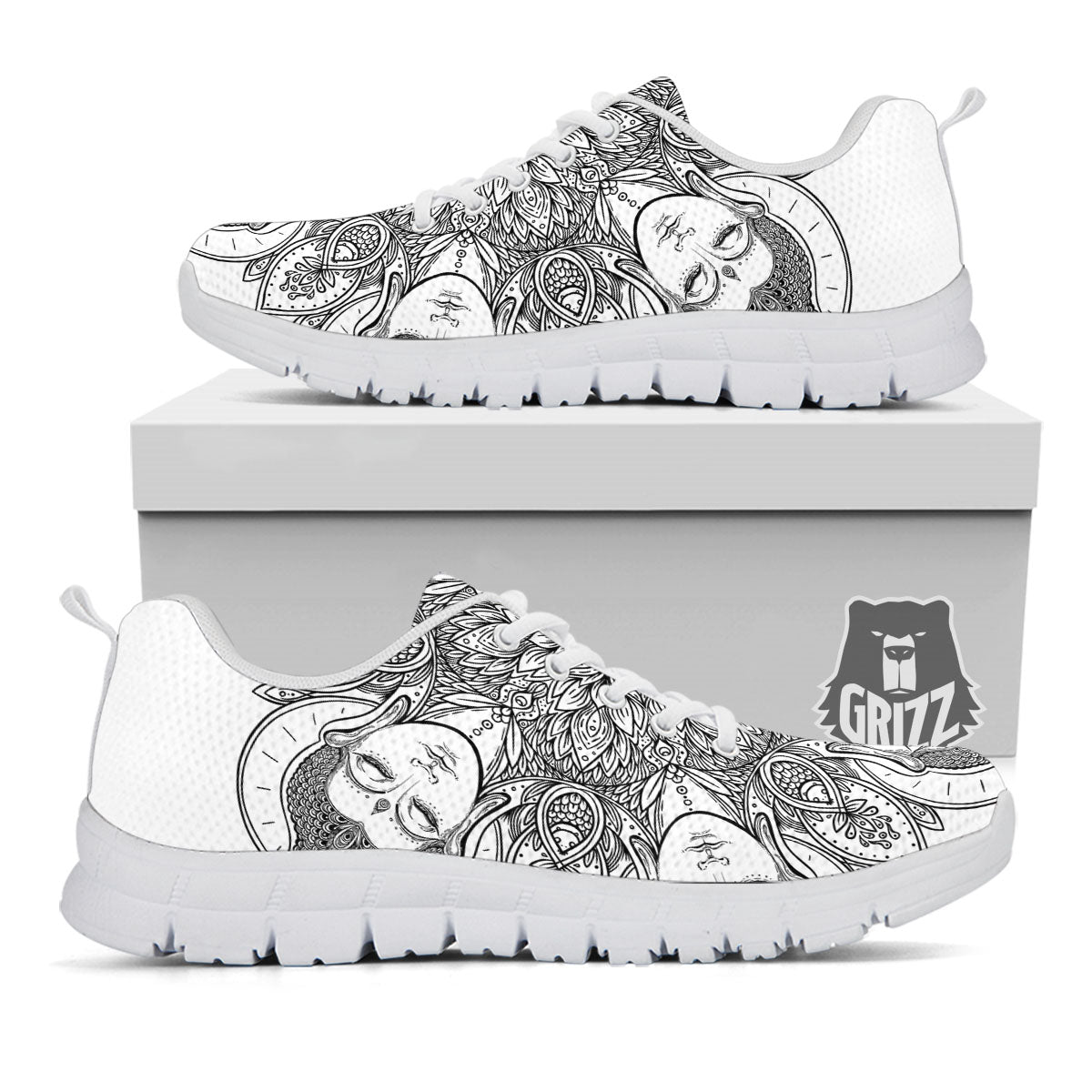 Buddha Face Ornate Mandala Print White Sneaker-grizzshop