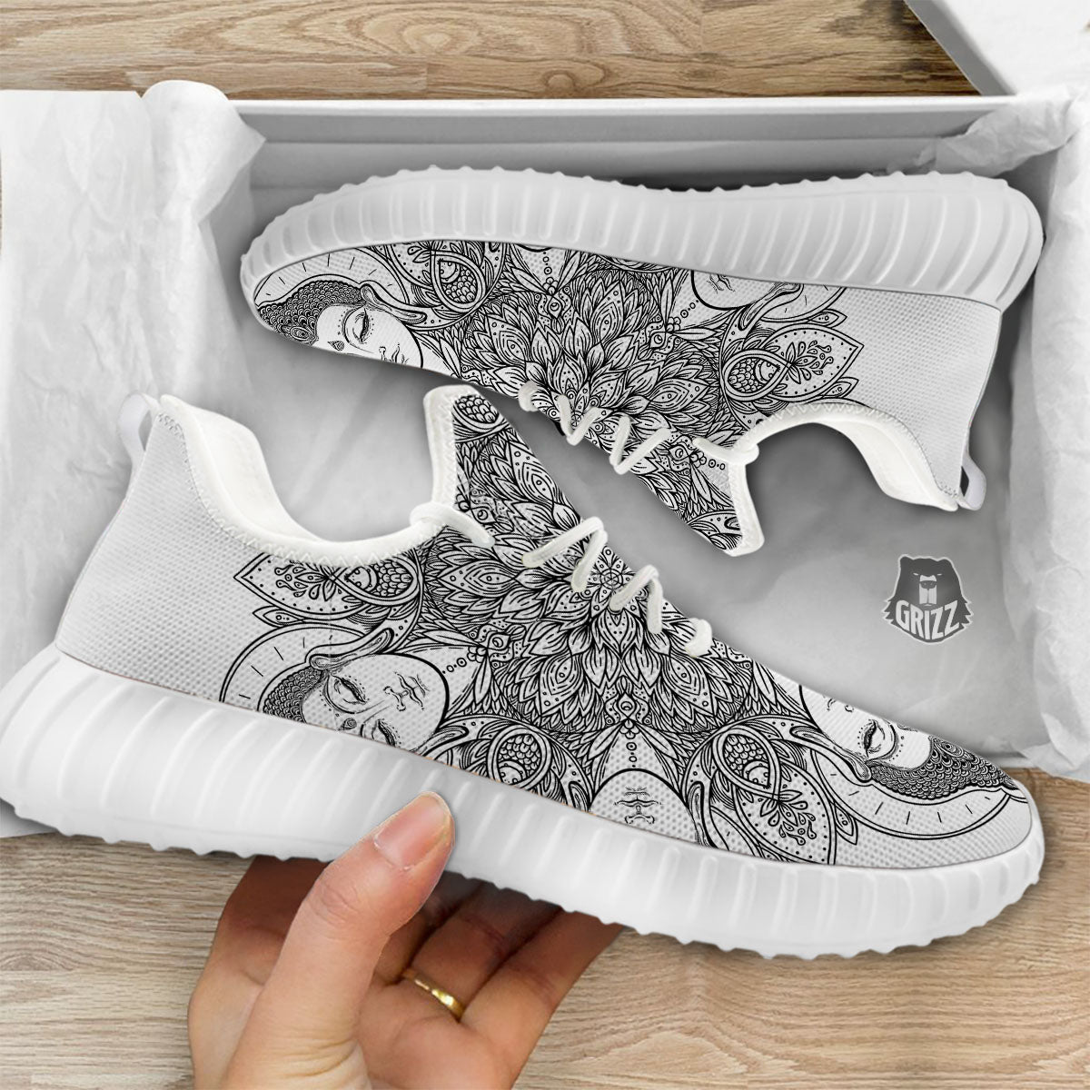 Buddha Face Ornate Mandala Print White Walking Shoes-grizzshop